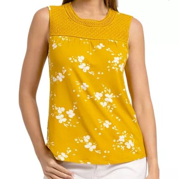 Daniel Rainn Women's Yellow Crochet Yoke Sleeveless Floral Top Size XSP NWT - Picture 2 of 15